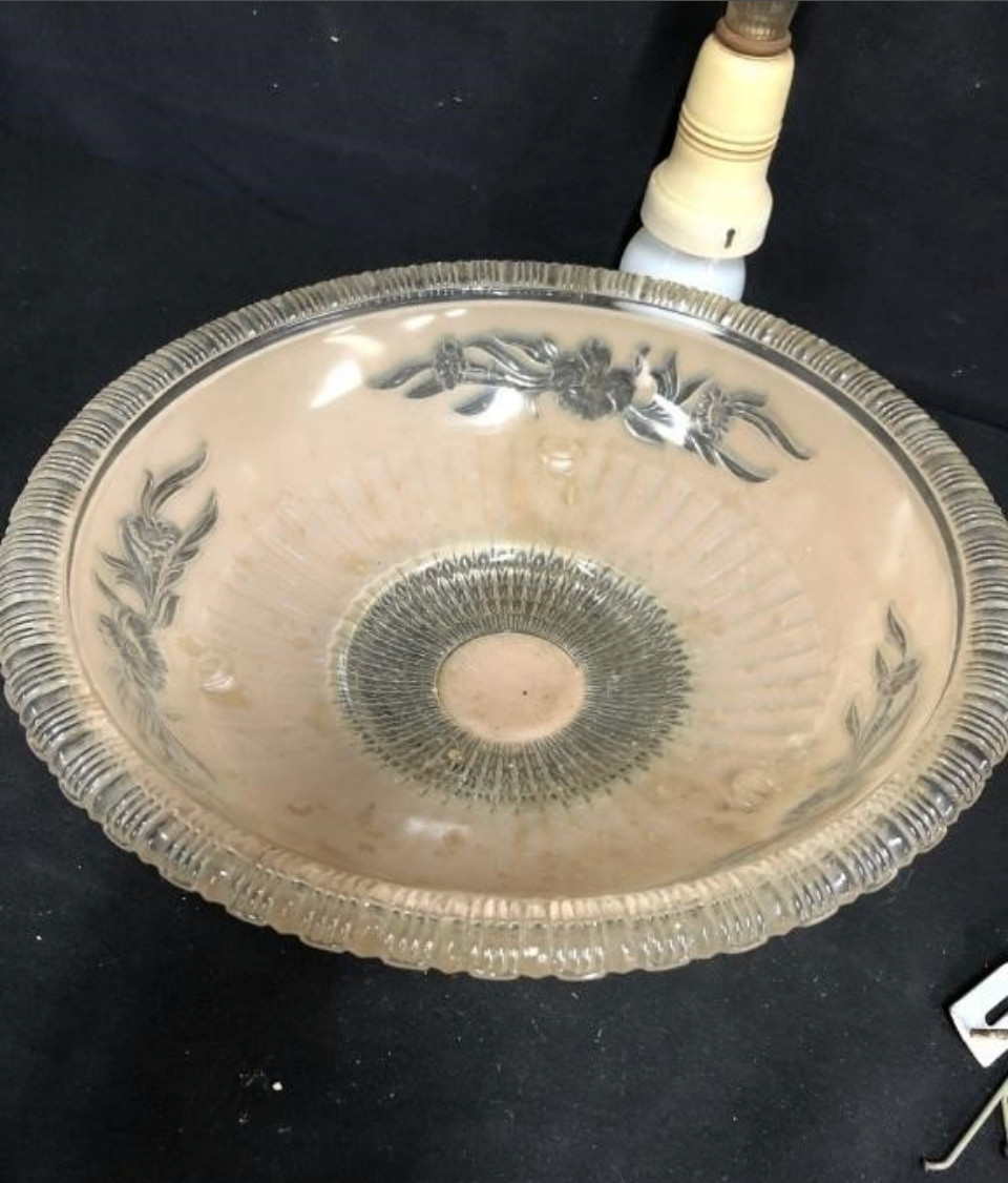 Antique Art Deco Glass Ceiling Light Fixture Frosted & Clear 3 Chain Shade 14”