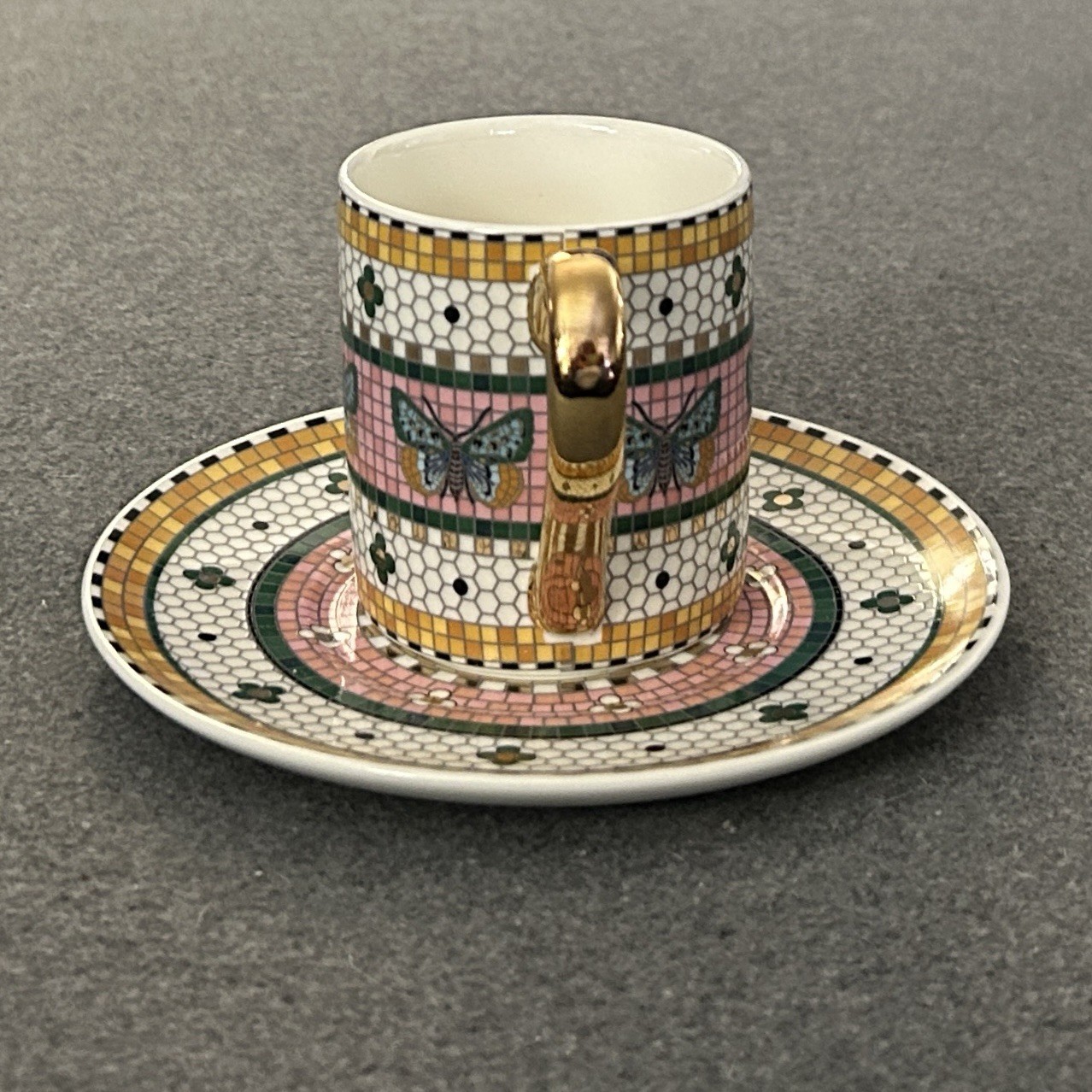Anthropologie Bistro Tile Espresso Cup Saucer Set Pink Butterfly 24K Gold NEW