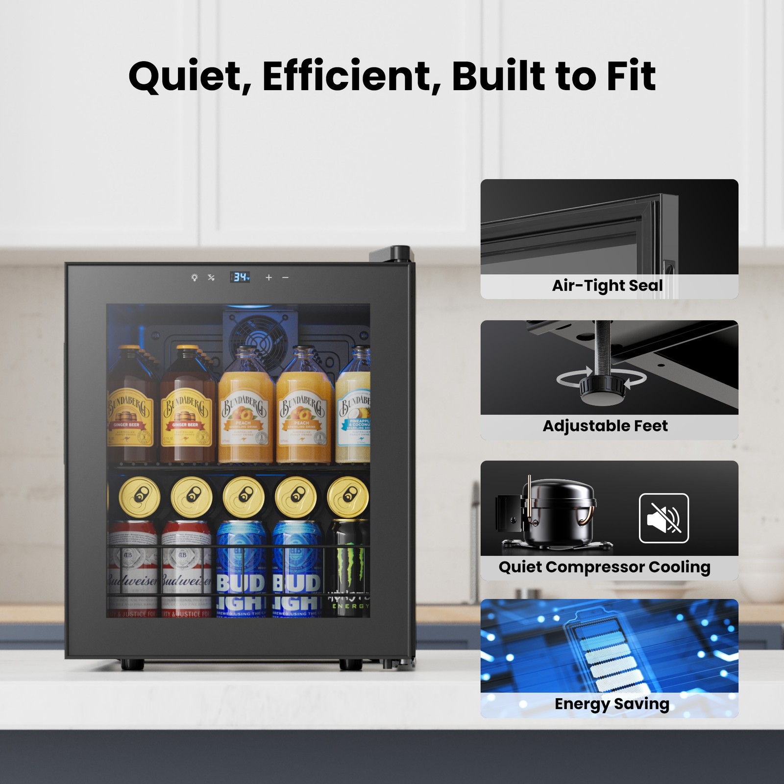 Yeego Beverage Cooler Refrigerator Mini Fridge 65 Cans 34°F-54°F W/Glass Door