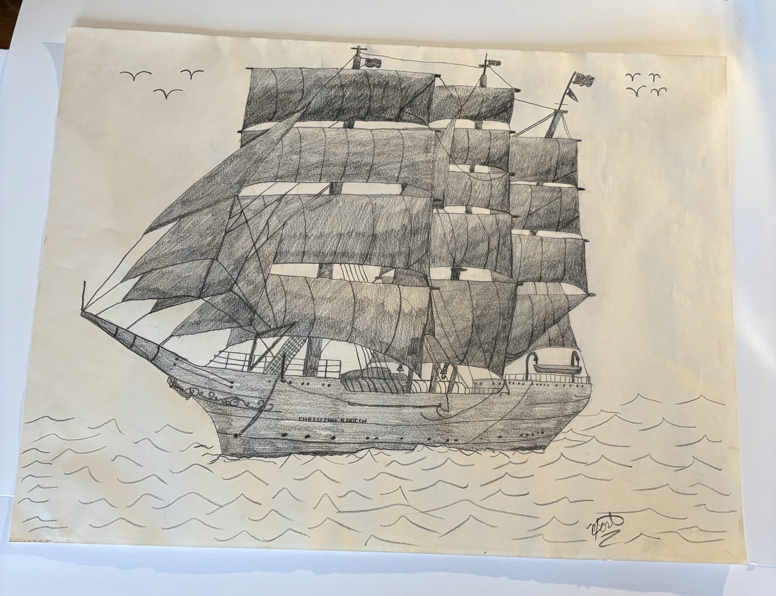 Pencil Drawing Norwegian Full Rigged Tall Sailing Ship Christian Radich Signed