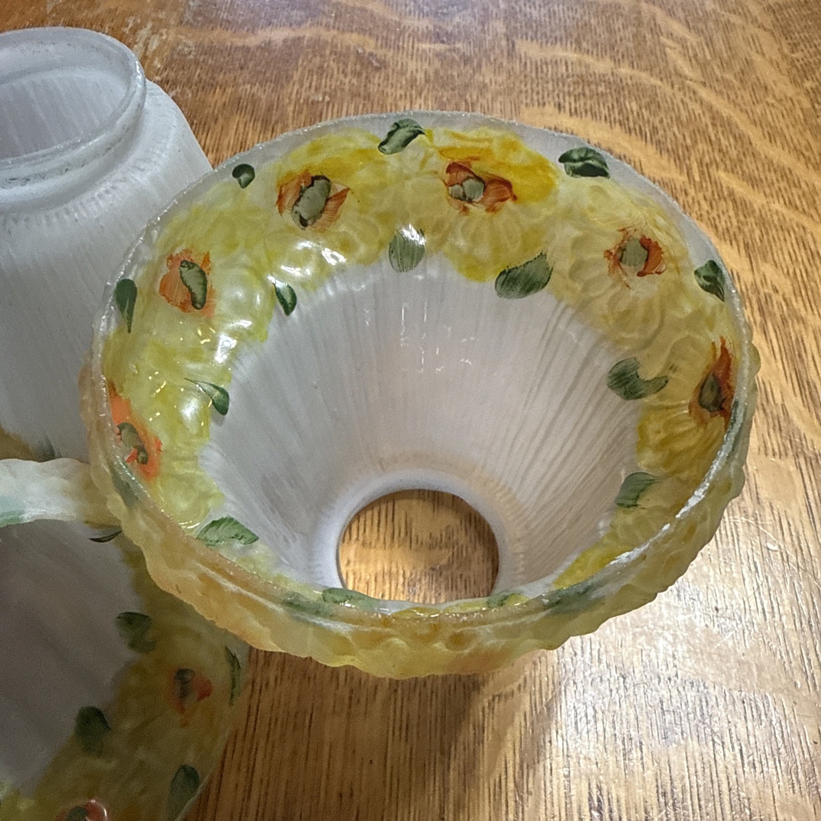 Antique Set 3 Reverse Painted Glass 4 5/8" Shades Yellow Flowers 2-1/4" Fitter