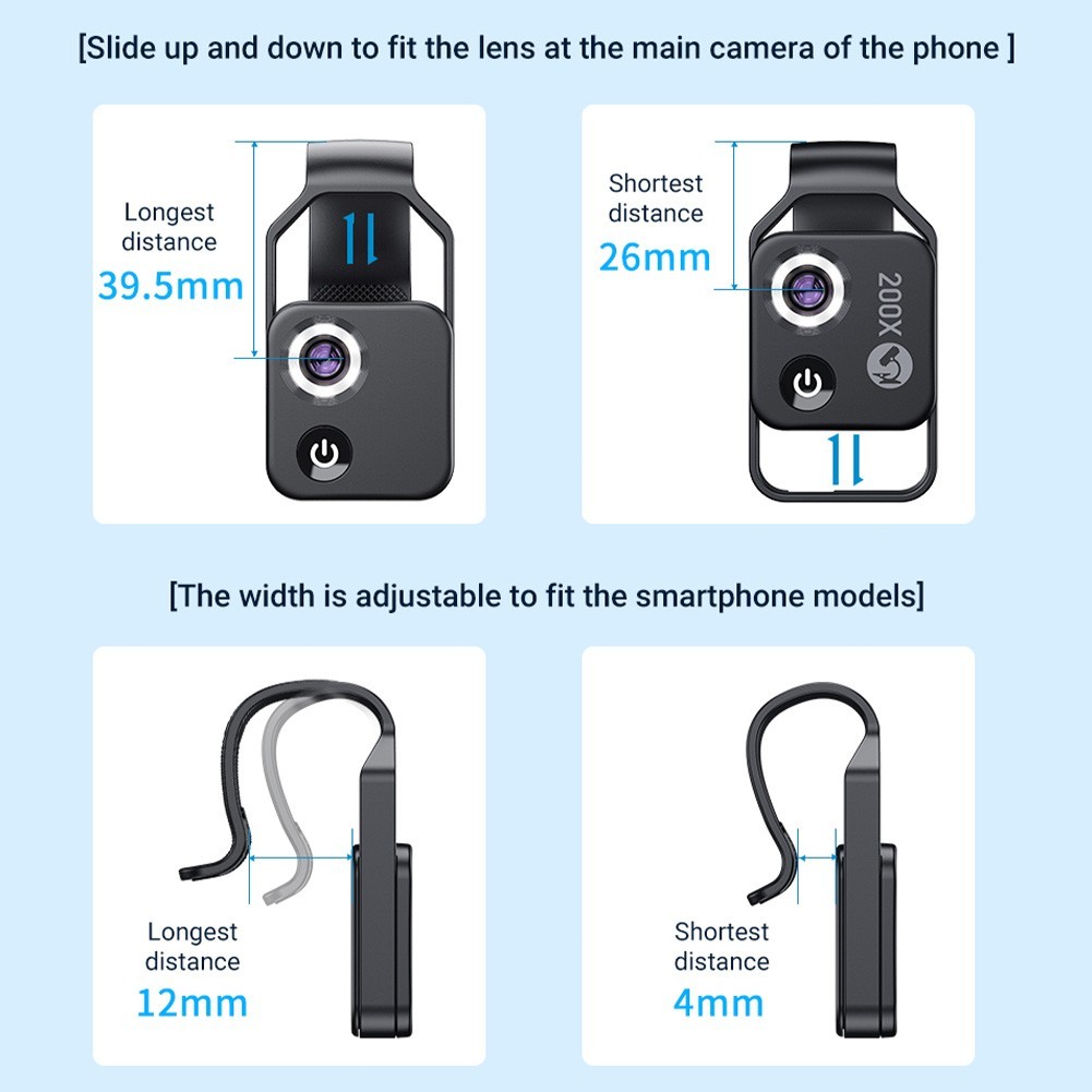 200X Phone Mini Pocket Microscope with LED Light/Universal Clip, Nano Zoom Porta