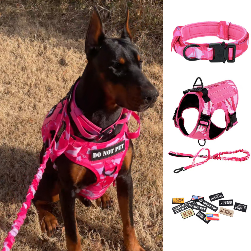 Tactical Dog Harness Set Dog Vest Dog Collar and Dog Leash Set with 12 patches