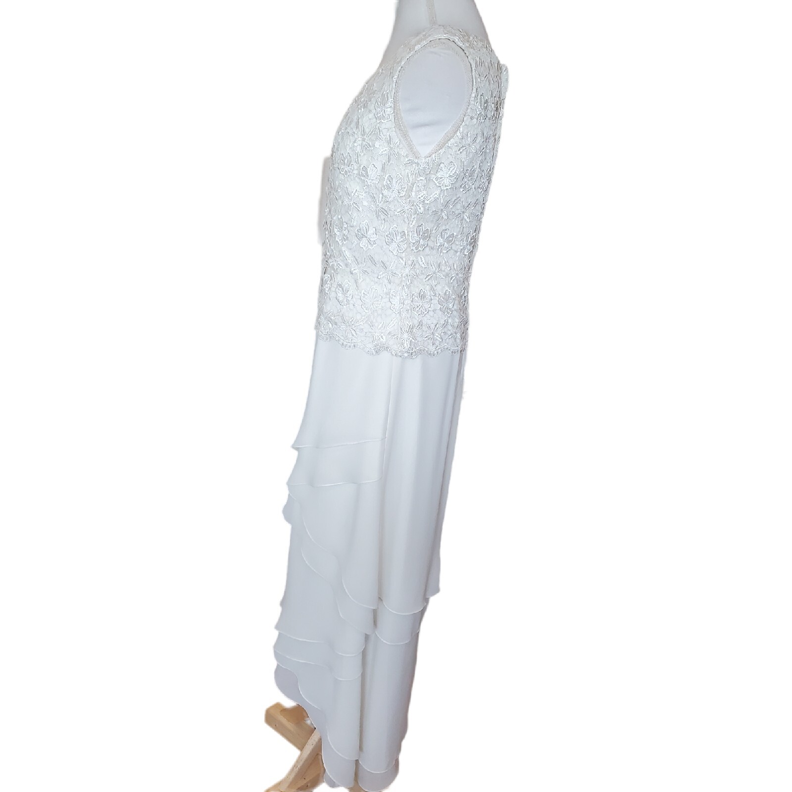Vintage 90s Cream Ivory Crochet Chiffon Layered Long Wedding Dress Beach Size 10