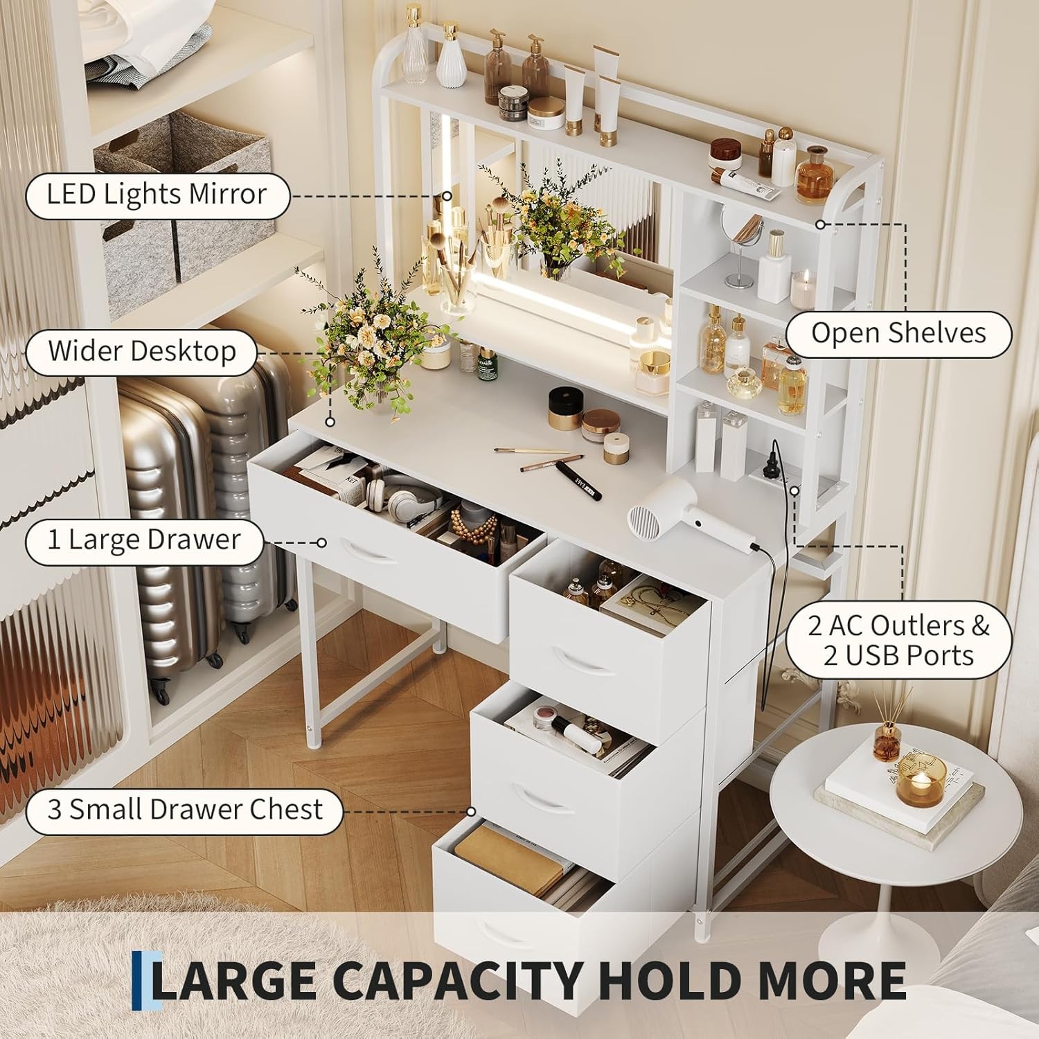 Modern Makeup Vanity for Girls: 35.4" Desk W/ Mirror & 4 Fabric Storage Drawers