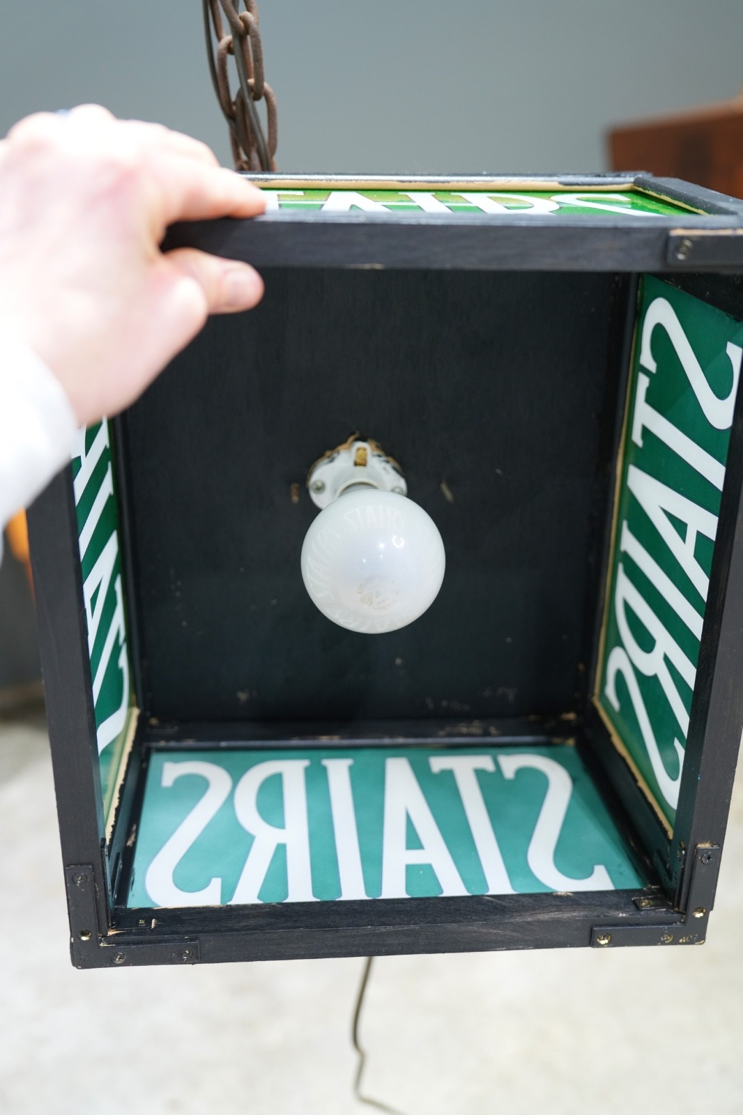 Vintage Stairs Lighted Sign Reverse Painted Glass Green Exit Light Stairway