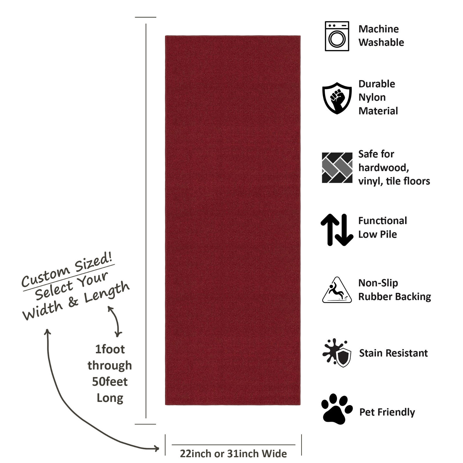 Custom Size Stair Hallway Runner Rug Non Slip Rubber Back SOLID RED