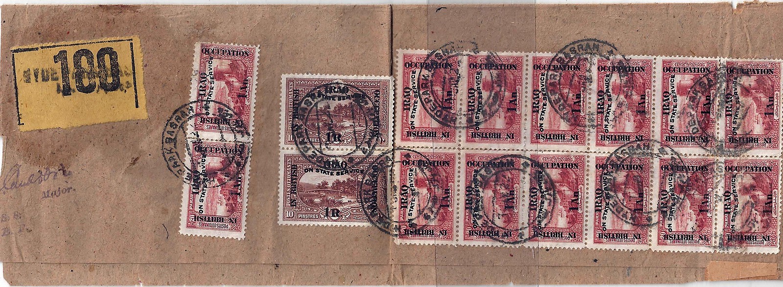 IRAQ 1922 BASRAH OHMS OFFICIAL REGISTERED PARCEL POST WRAPPER FRANKED 16 OFFICIA