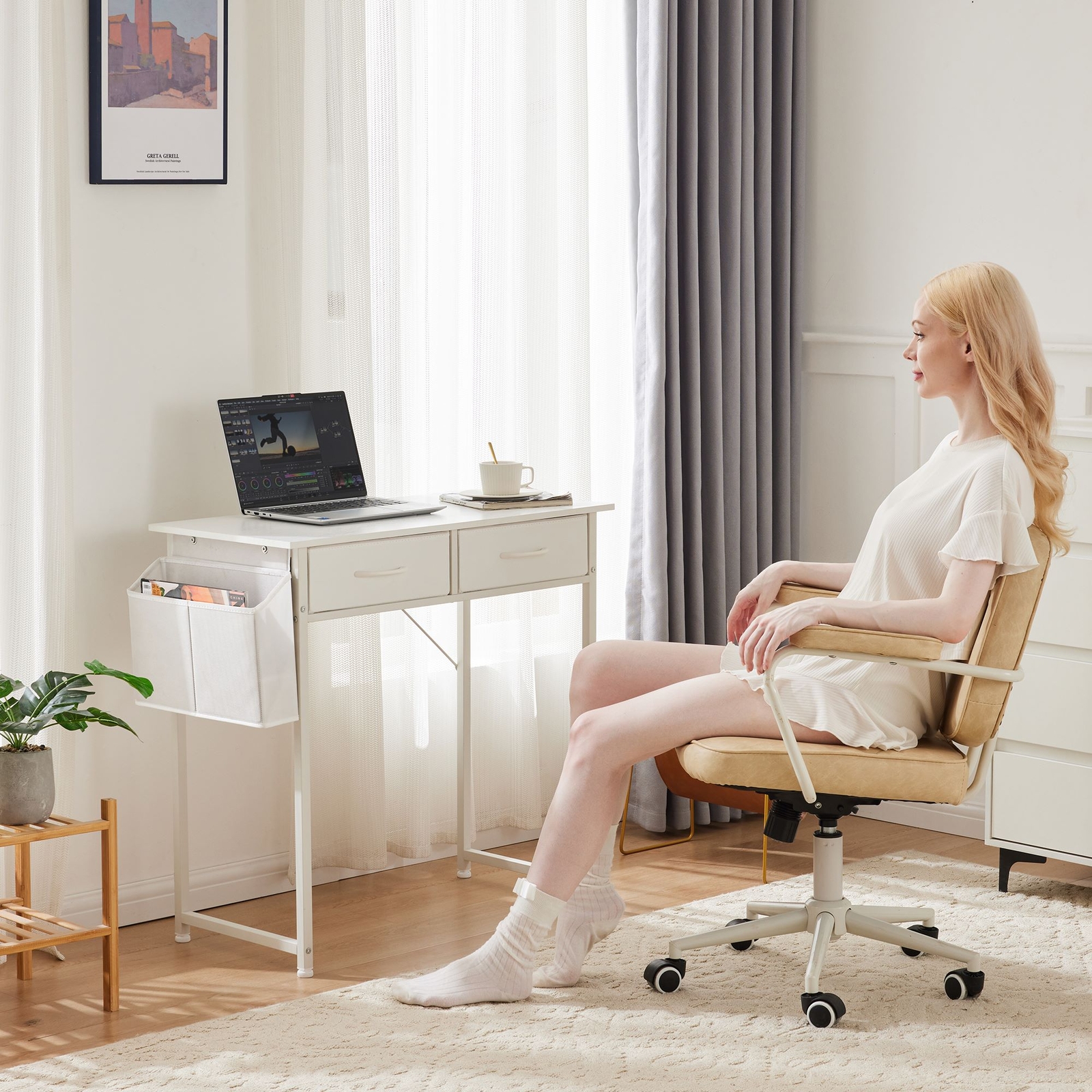 Office Computer Desk 32in Small Home Table with 2 Fabric Drawers & Side Bags
