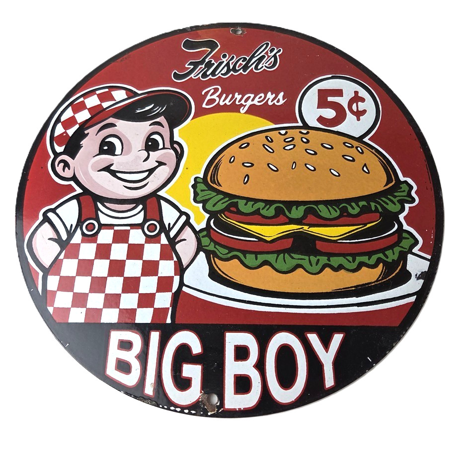 Vintage Big Boy Sign - 5 Cent Frisch's Fast Food Porcelain Gas Pump Sign