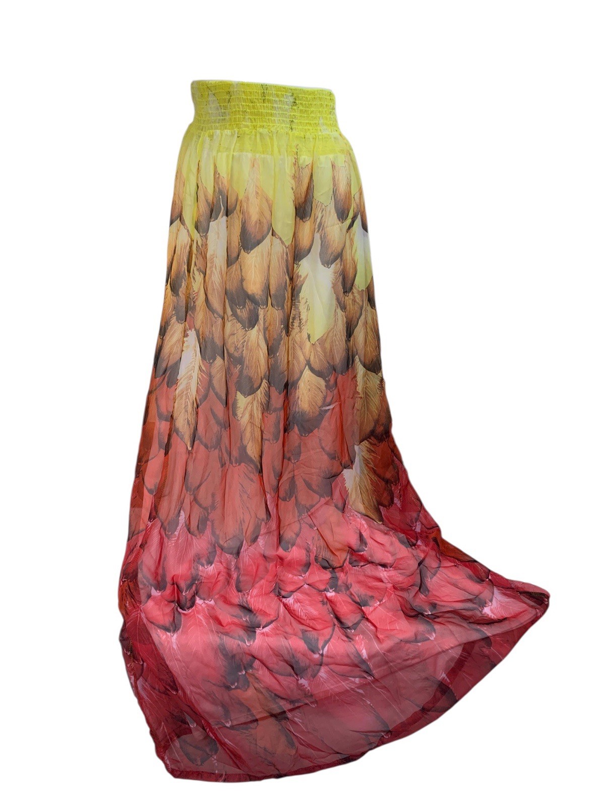 Long Maxi Skirt Size Small Sheer Overlay Lined Multi Color Feather Prints Charm