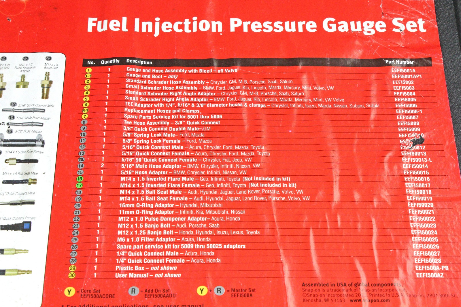 Snap on EEFI500A Master Fuel Injection Pressure Gauge Set