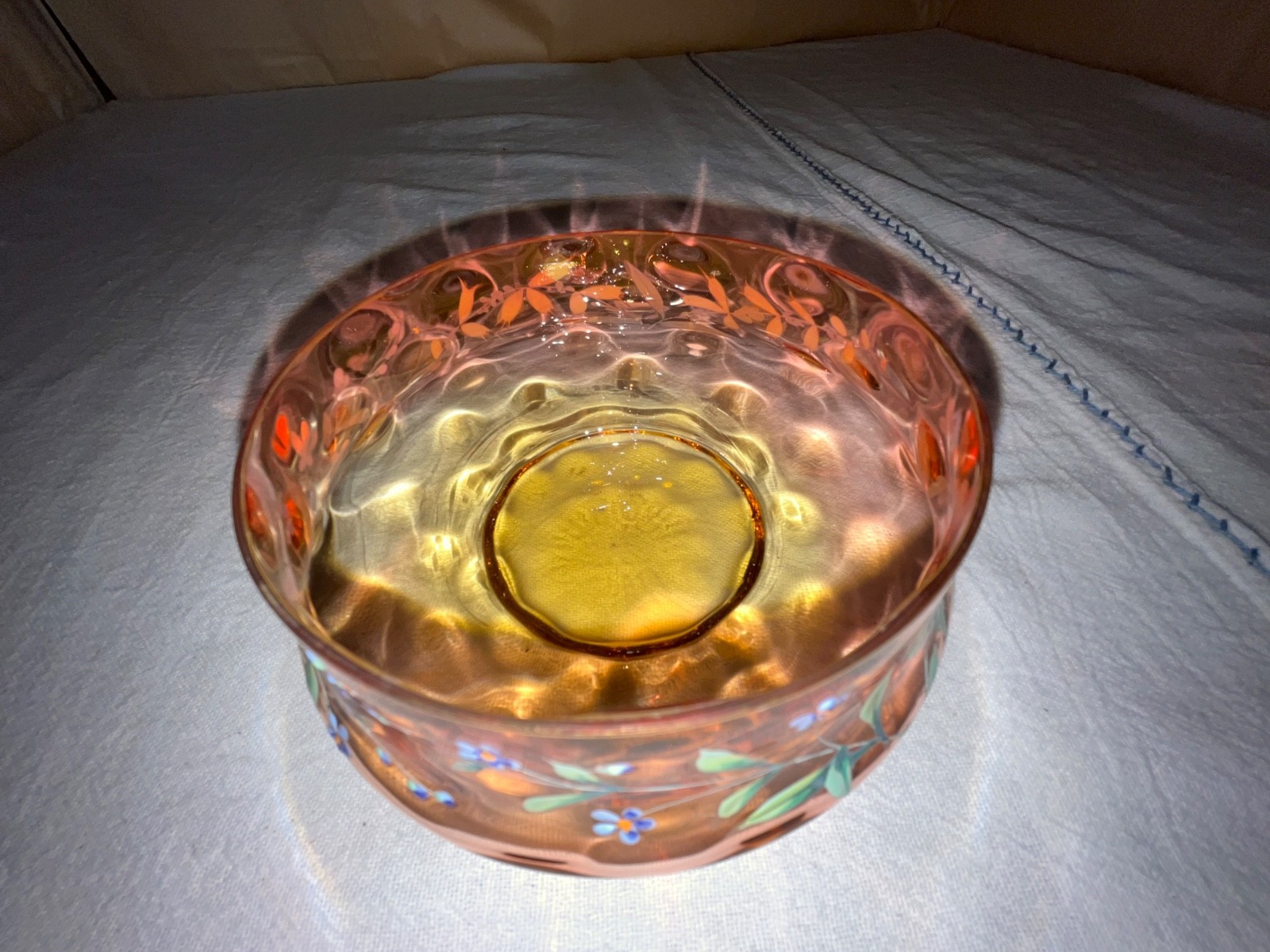 Victorian Enameled Amberina Low Bowl-Floral Sprigs-Victorian-Late 1800’s