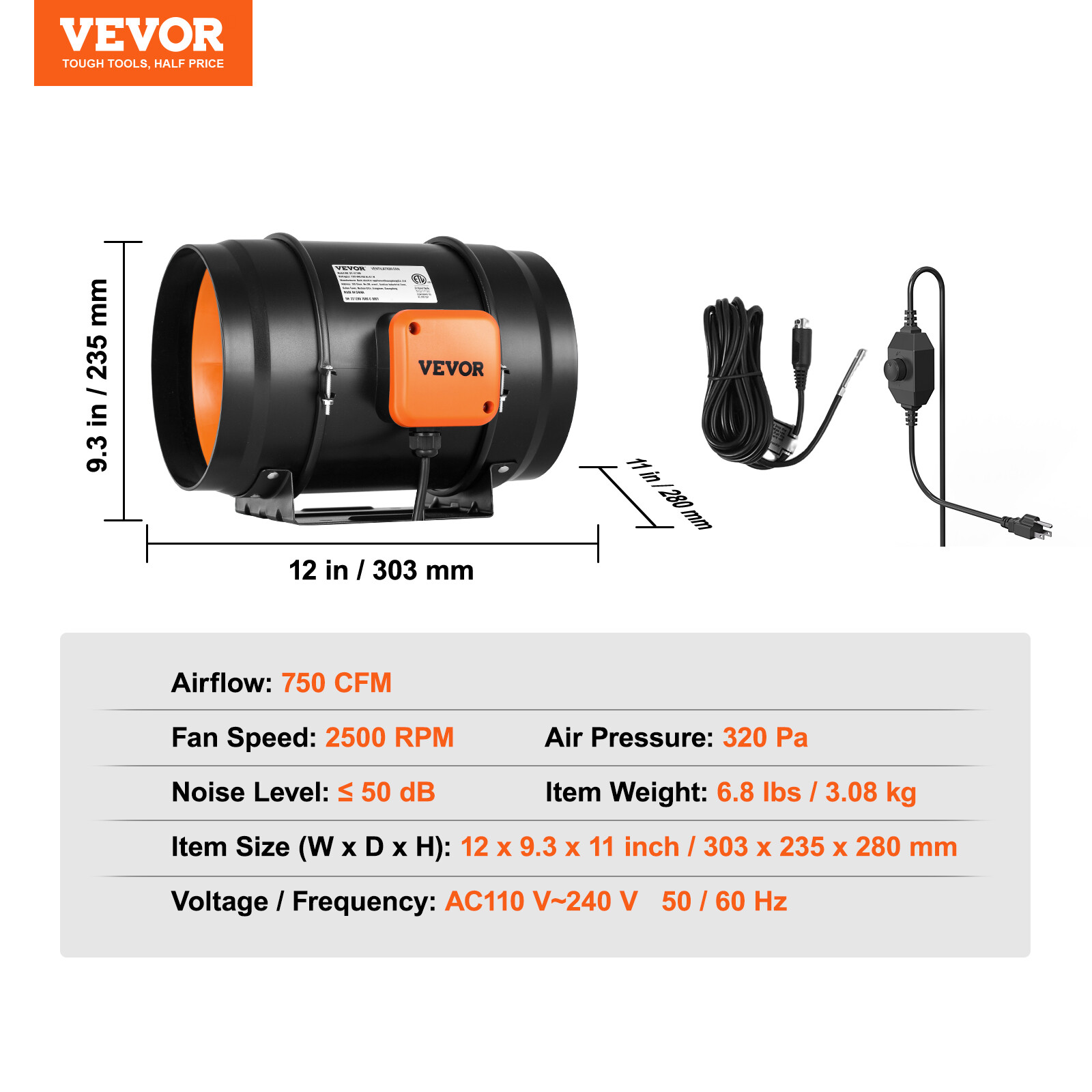 VEVOR 8 Inch Inline Duct Fan HVAC Exhaust Blower Kit AC Variable Speed Control