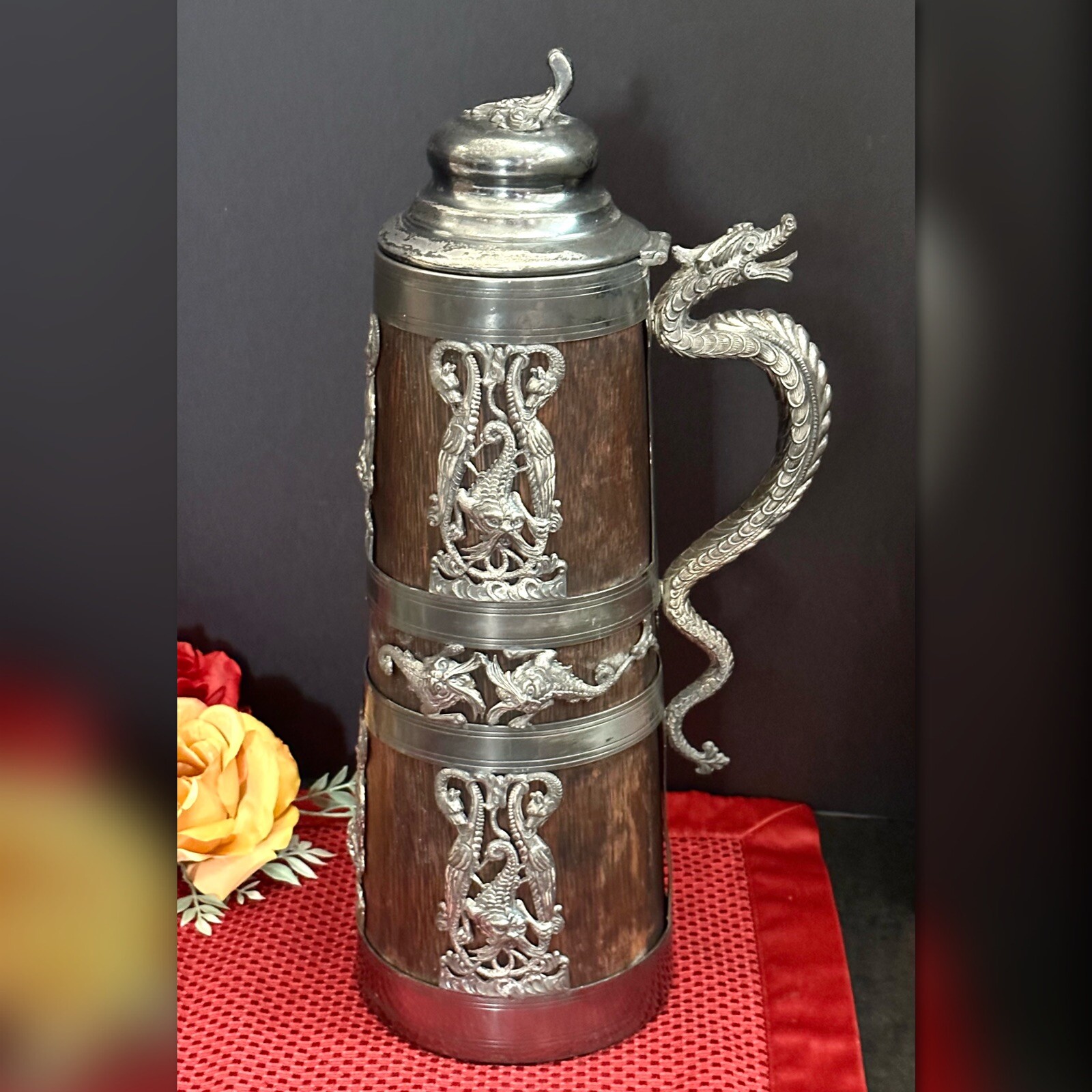 Antique Tankard St Louis Silver Co. Pat 1905 Gargoyles Dragons 15" Silver Plate