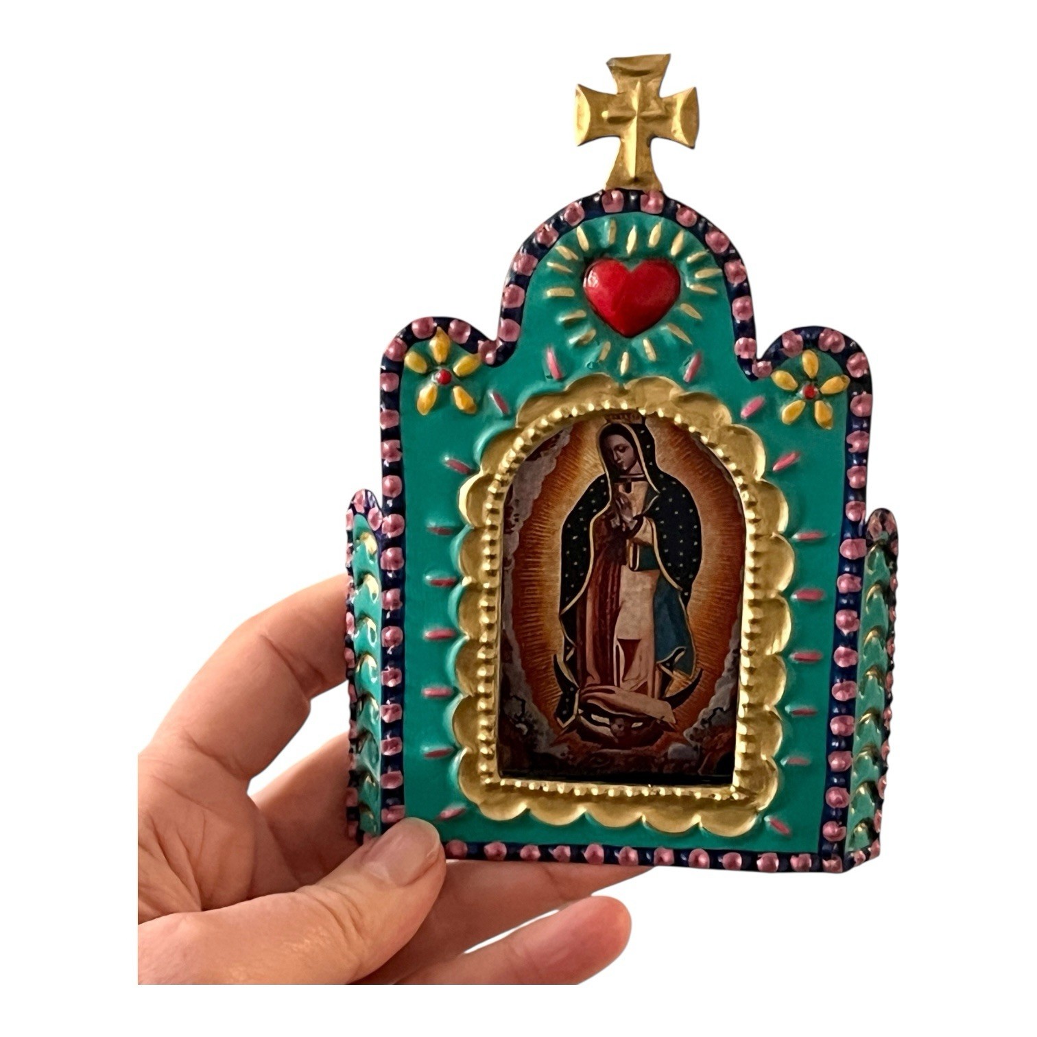 Small Church Nicho, Virgin Guadalupe Mexican Tin Heart Nicho Frame