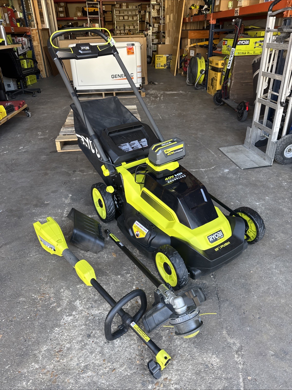RYOBI 40V HP Brushless 20 in. Cordless Battery Push Lawn Mower + weedeater