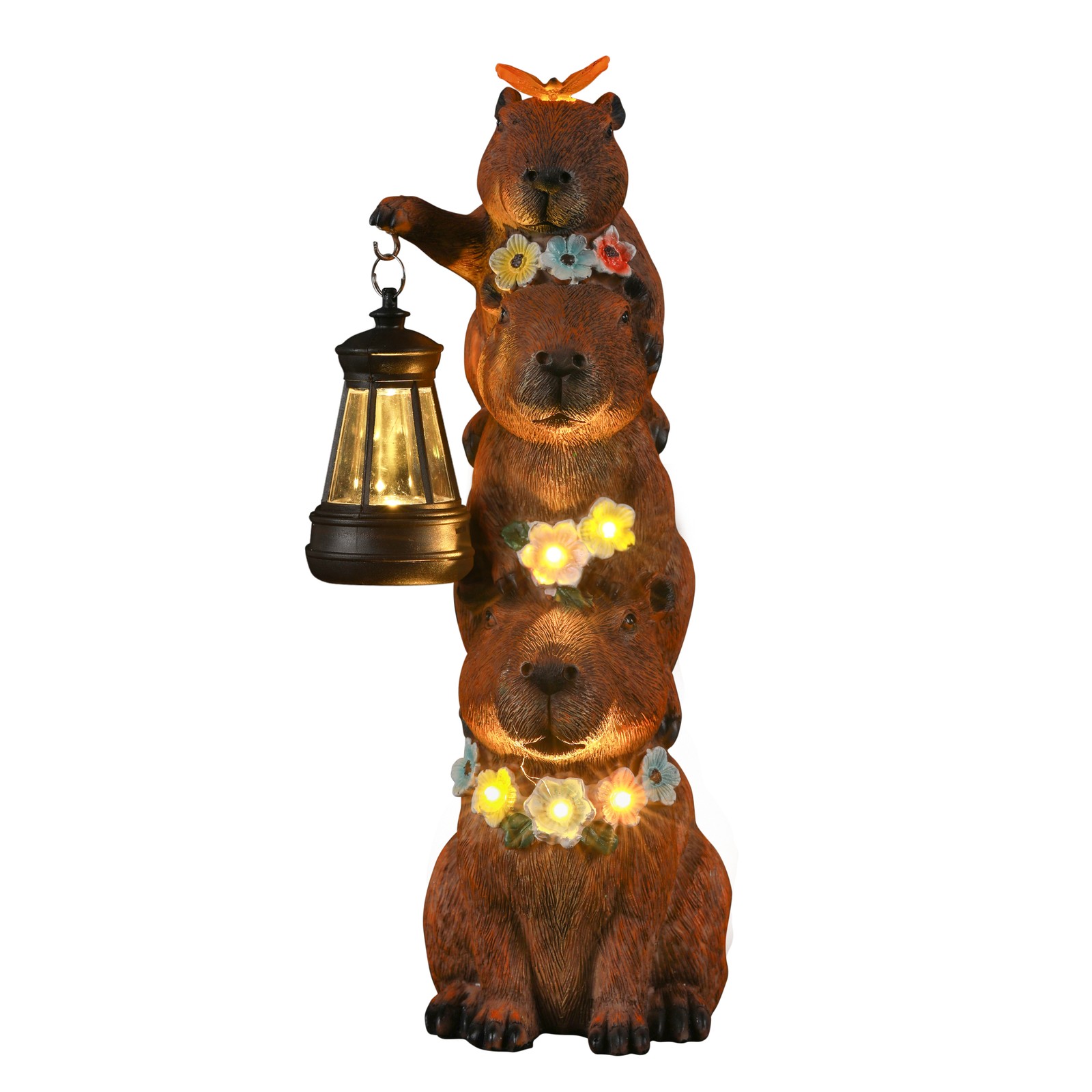 Solar-Powered Capybara Statue with LED Lights & Flowers - Outdoor Decor