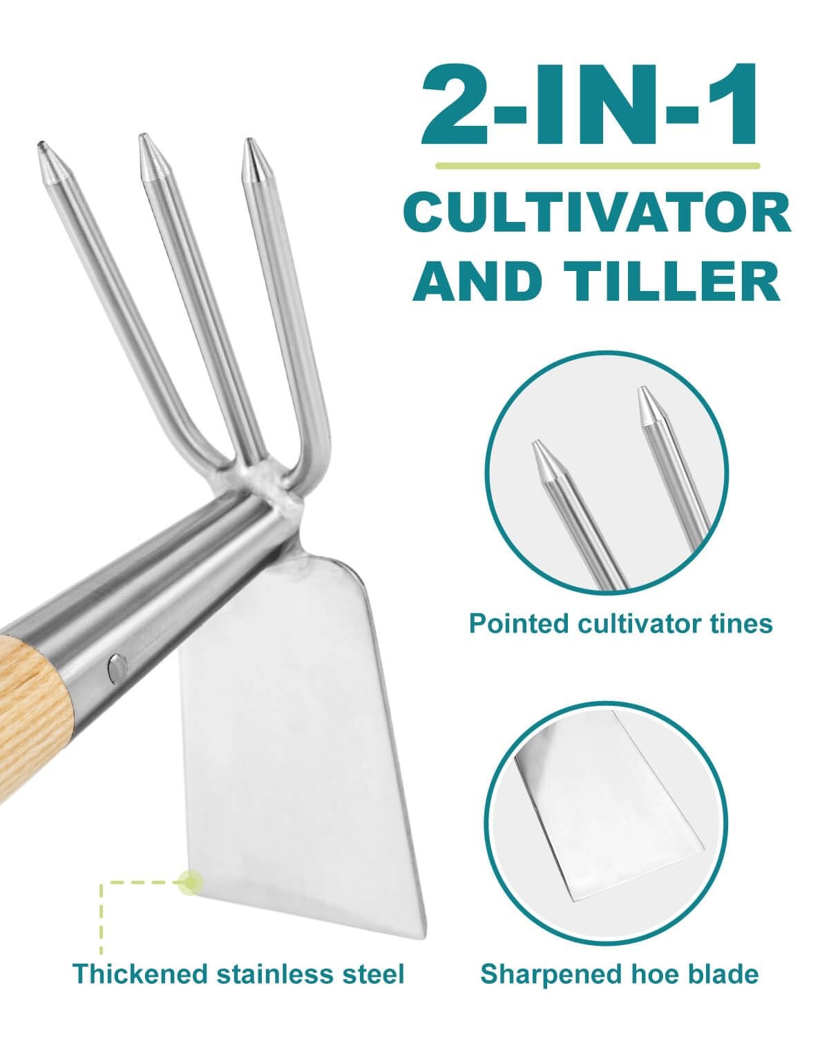 Hoe and Cultivator Garden Rake Hand Tiller Tool Wood Handle Double Sided Cult...