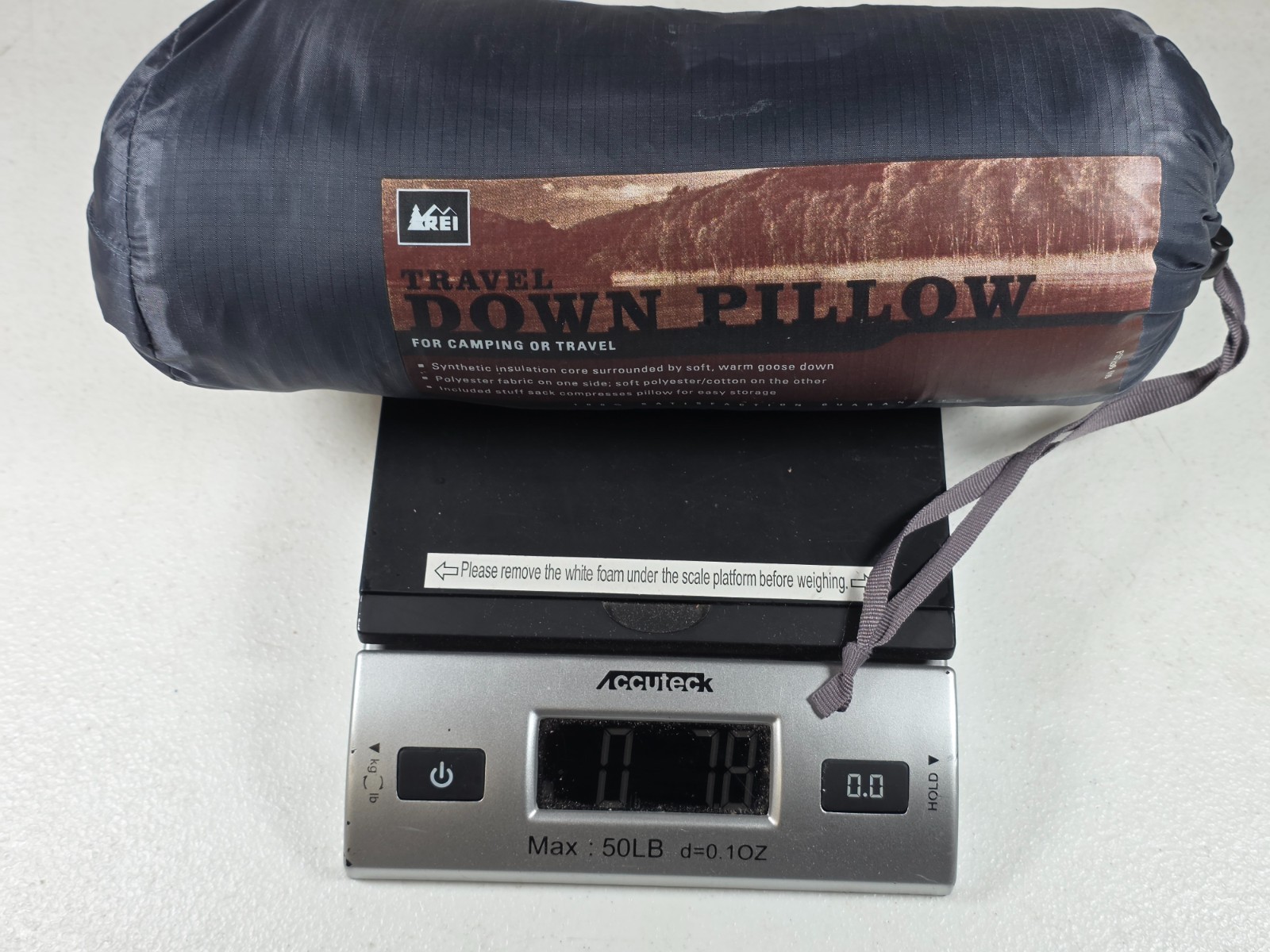 REI Travel Goose Down Pillow Camping Backpacking Compressible Gray 12x18