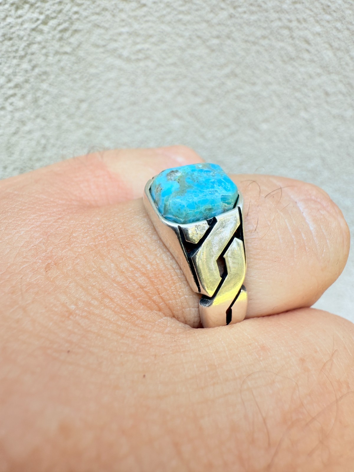 Real Blue Turquoise Gemstone Mens Solid 925 Sterling Silver Cuban Link Ring