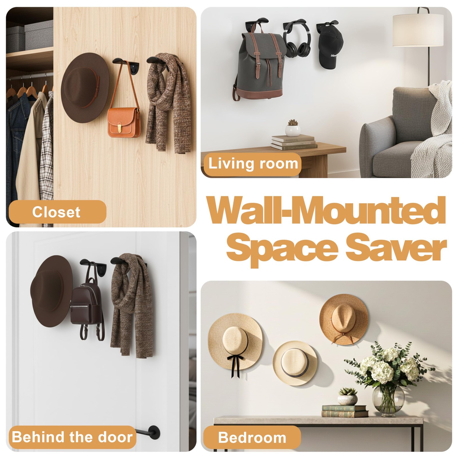 Adhesive Hat Hooks for Wall, 8 Pack, 2.9" Cowboy Hat Rack Prevents Deformation,