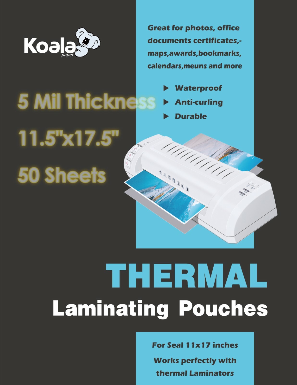 Koala Thermal Laminating Pouches 11.5x17.5 In 50 Sheets 5 Mil Seal 11x17 Menu