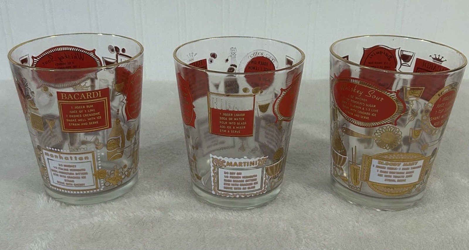 3 Vintage Jeannette Glass MCM Cocktail Recipes, Red/Gold 1950-1960s