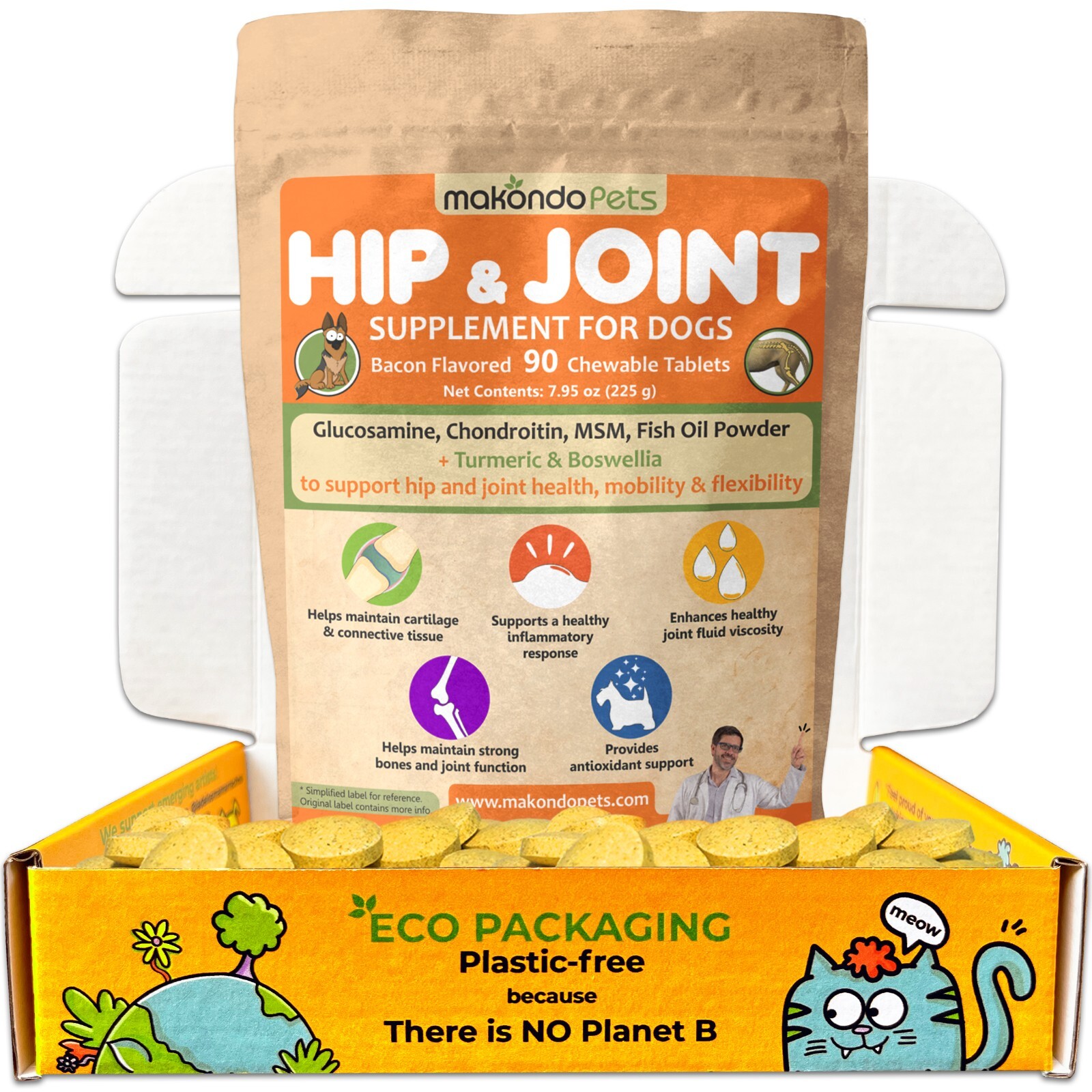 Hip and Joint Supplement for Dogs-Turmeric, Glucosamine. Dog Pain Relief 90 Tabs