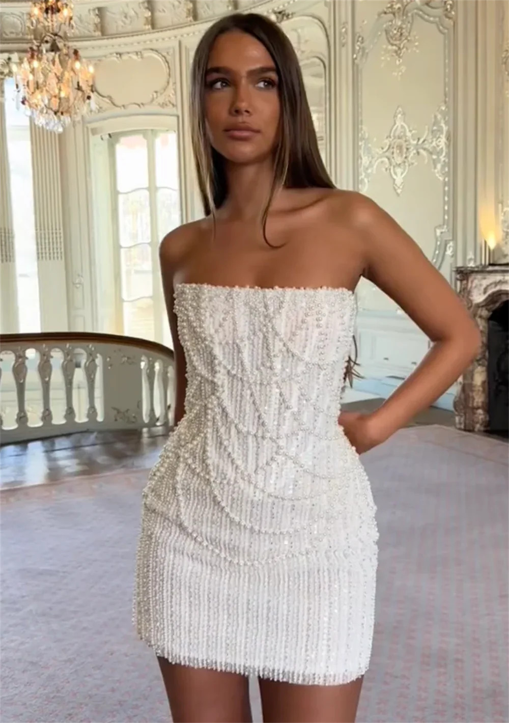 White Ivory Pearls Beading Wedding Dresses Mini Skirt Crystals Formal Strapless