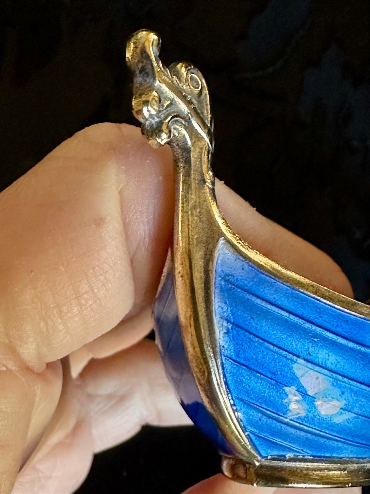 Theodore Olsen Norway Gilt Sterling Silver Blue Guilloche Viking Ship Salt