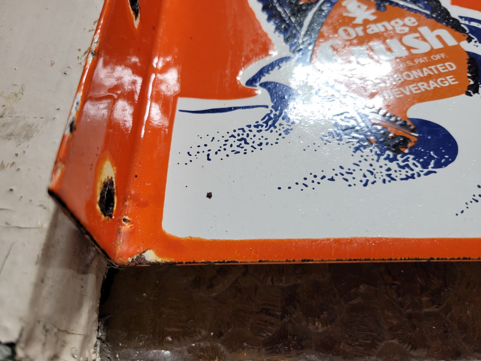 VINTAGE ORANGE CRUSH PORCELAIN SIGN OLD SODA FLANGE COLA BEVERAGE DRINK FOOD 20"