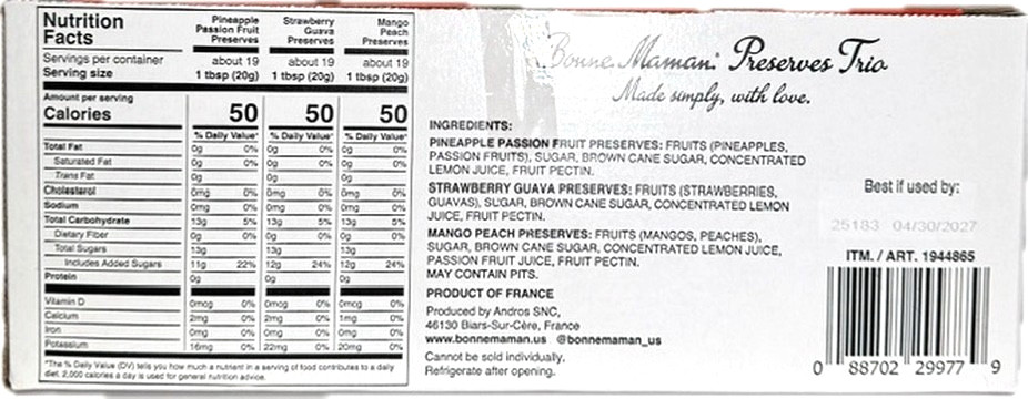 Bonne Maman Tropical Preserves Pineapple Passion Strawberry Guava Mango Peach