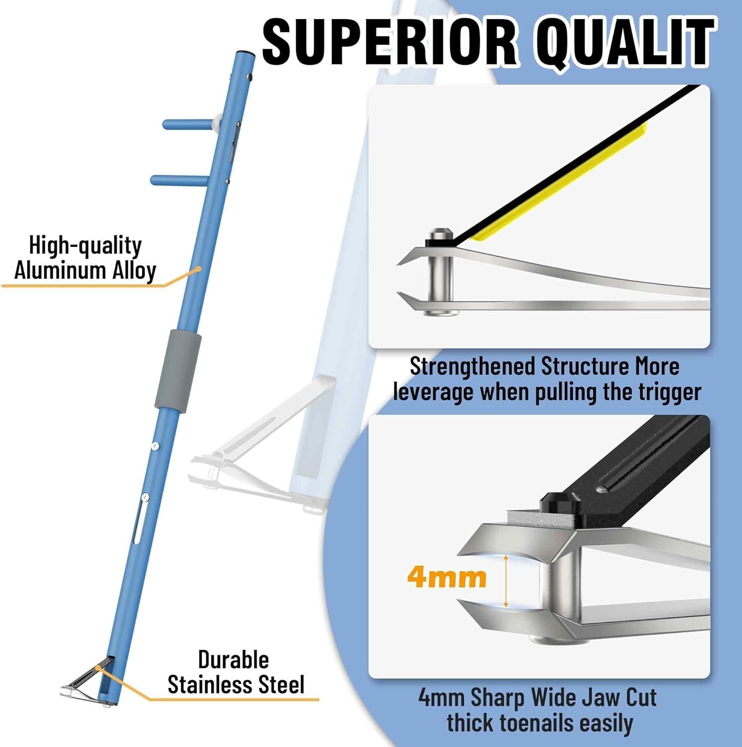 Long Handled Toenail Clippers Wide Jaw Opening-Seniors Thick Nails (XS/S/L)-Blue