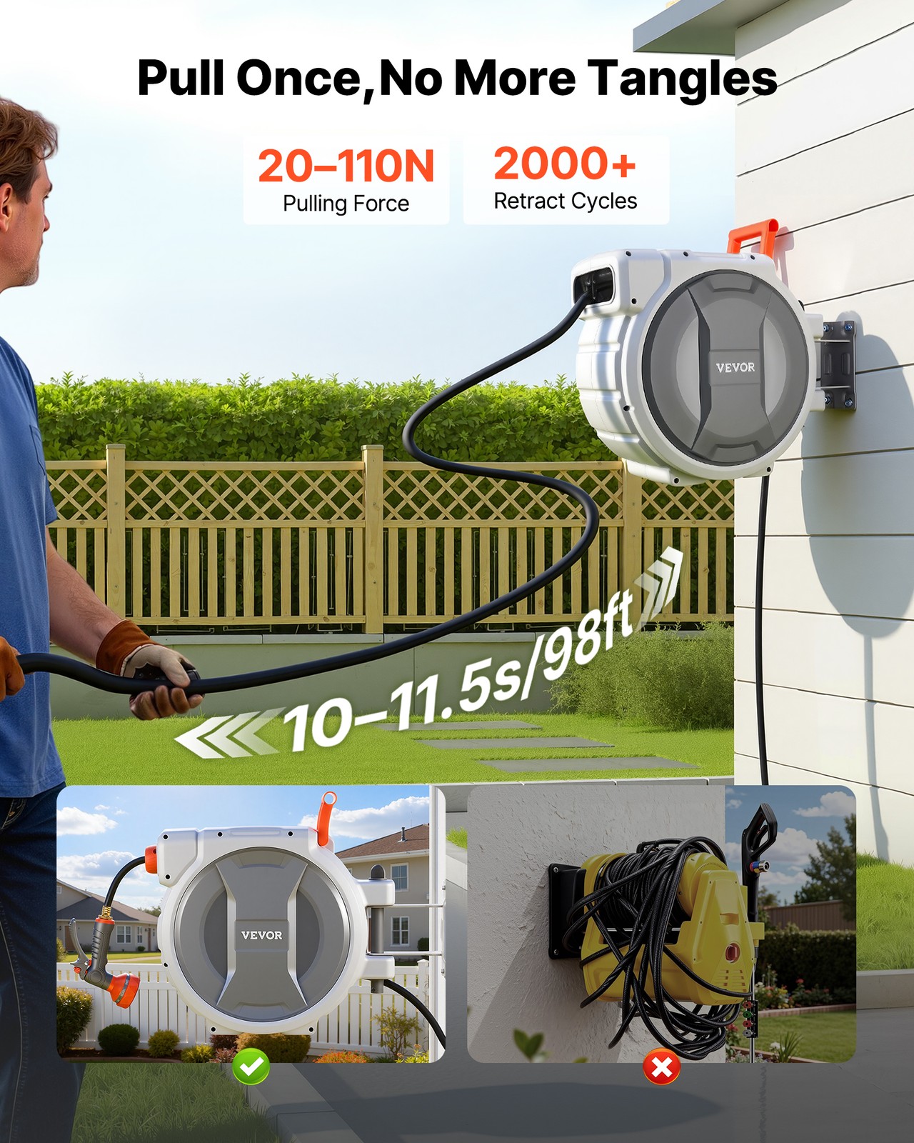 VEVOR Retractable Garden Hose Reel 1/2 in x 100 ft Wall Mount