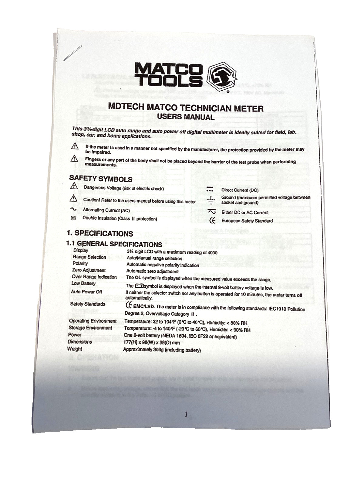 Matco Tools Auto Ranging Digital Multi Meter Kit Leads Pouch Manual MDTECH NICE