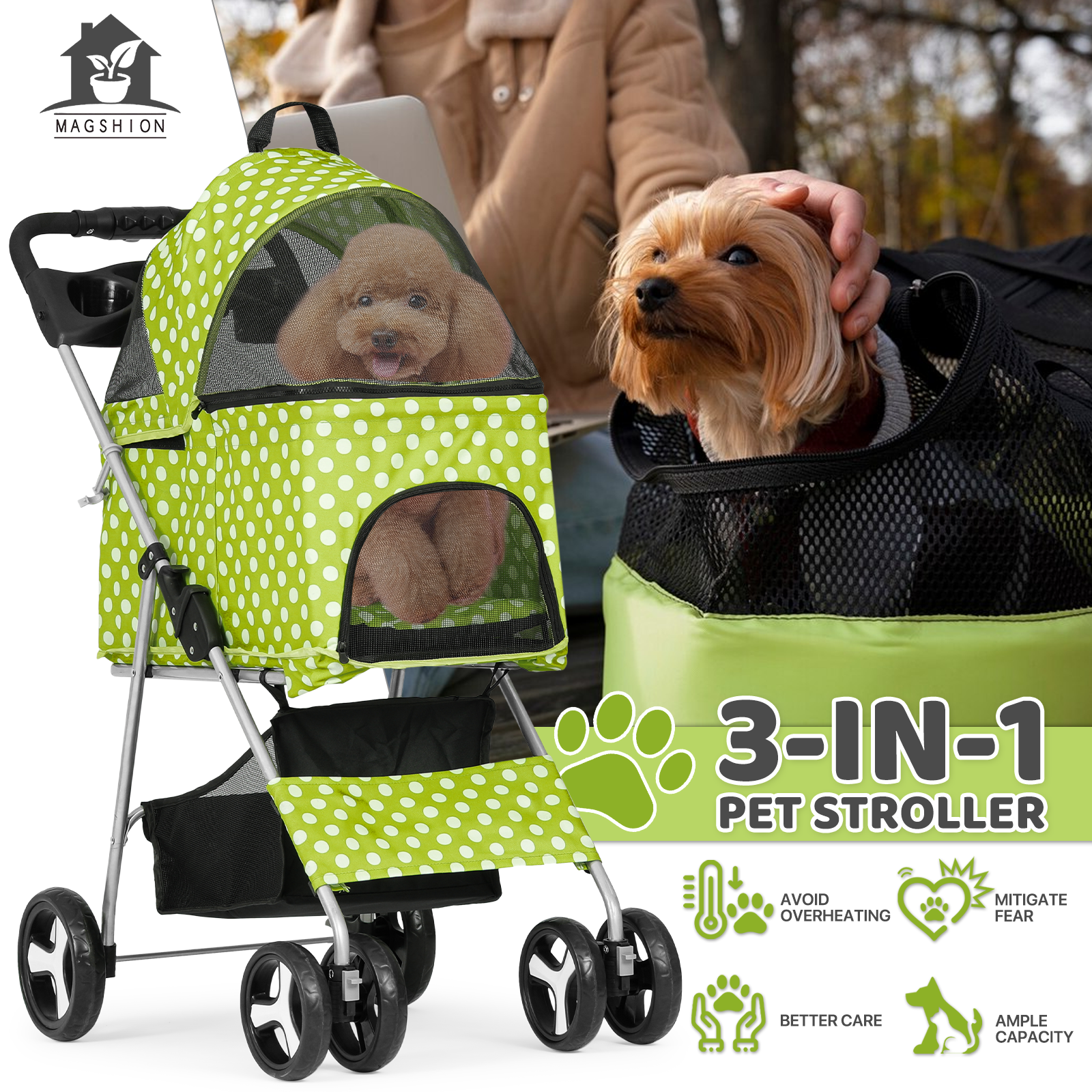 Foldable Pet Stroller Dog Stroller Removable Travel Carrier+Cup Holder 4 Wheels