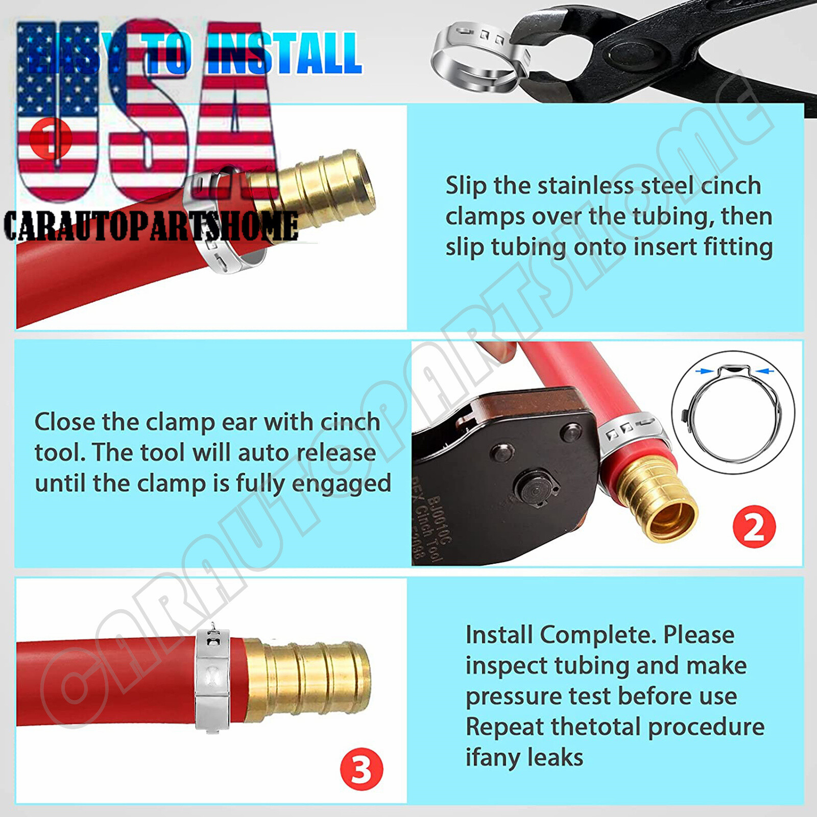 50Pcs 1/2" PEX Stainless Steel Ear Clamp Cinch Rings Crimp Pinch Fitting