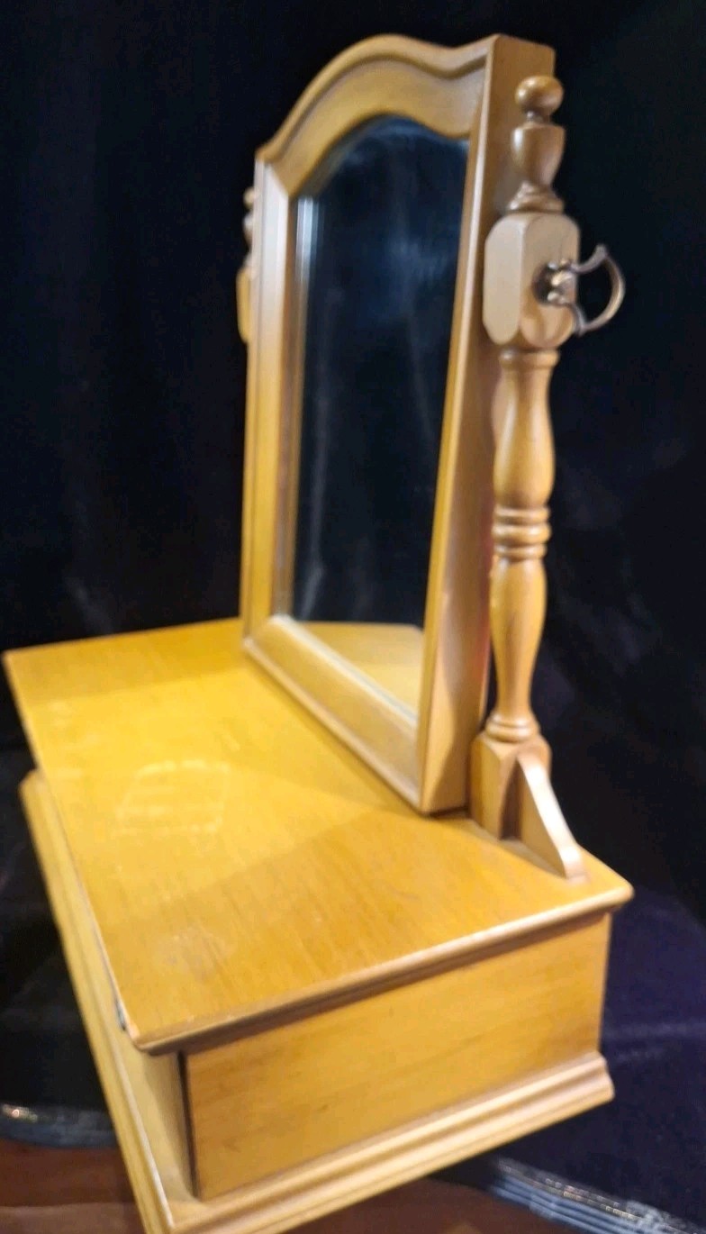 Antique Wood Tabletop Vanity Dressing Table Swivel Mirror with Storage Drawer