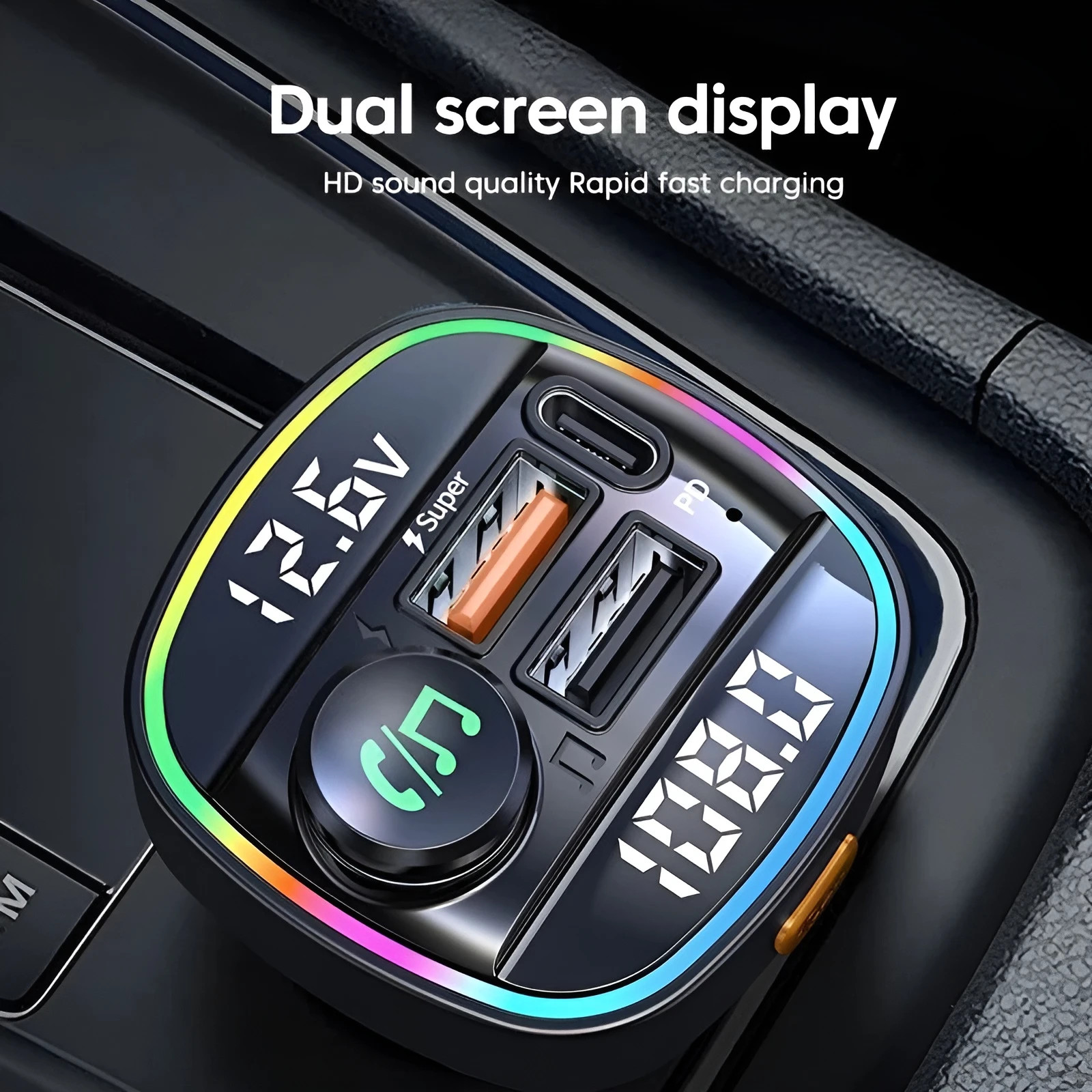 Bluetooth 5.0 Car FM Transmitter Adapter, Hands-Free, USB Charger, AUX Audio