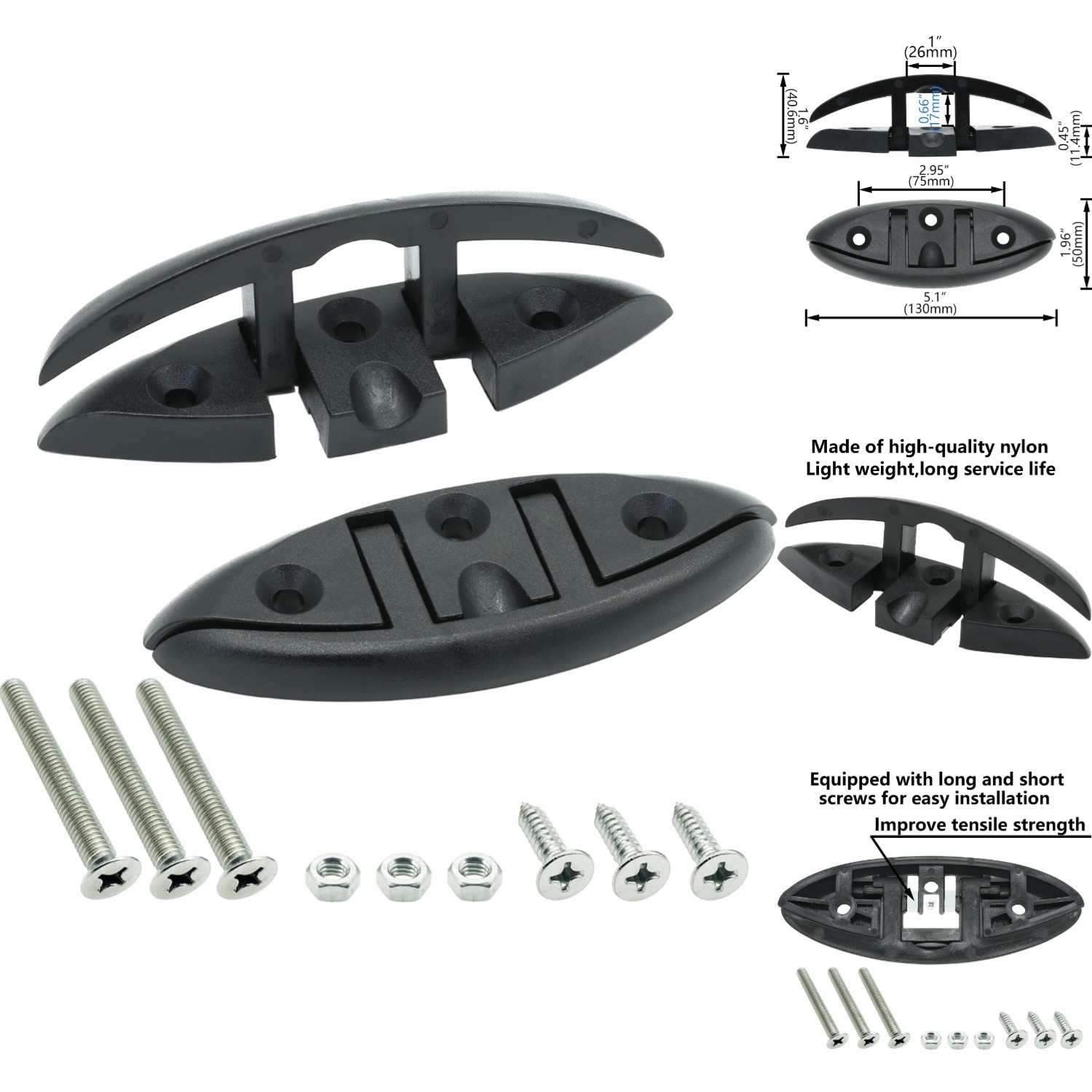 2pc 5" Marine Nylon Folding Cleat Flip Up Boat Kayak Dock Mooring Hardware Black