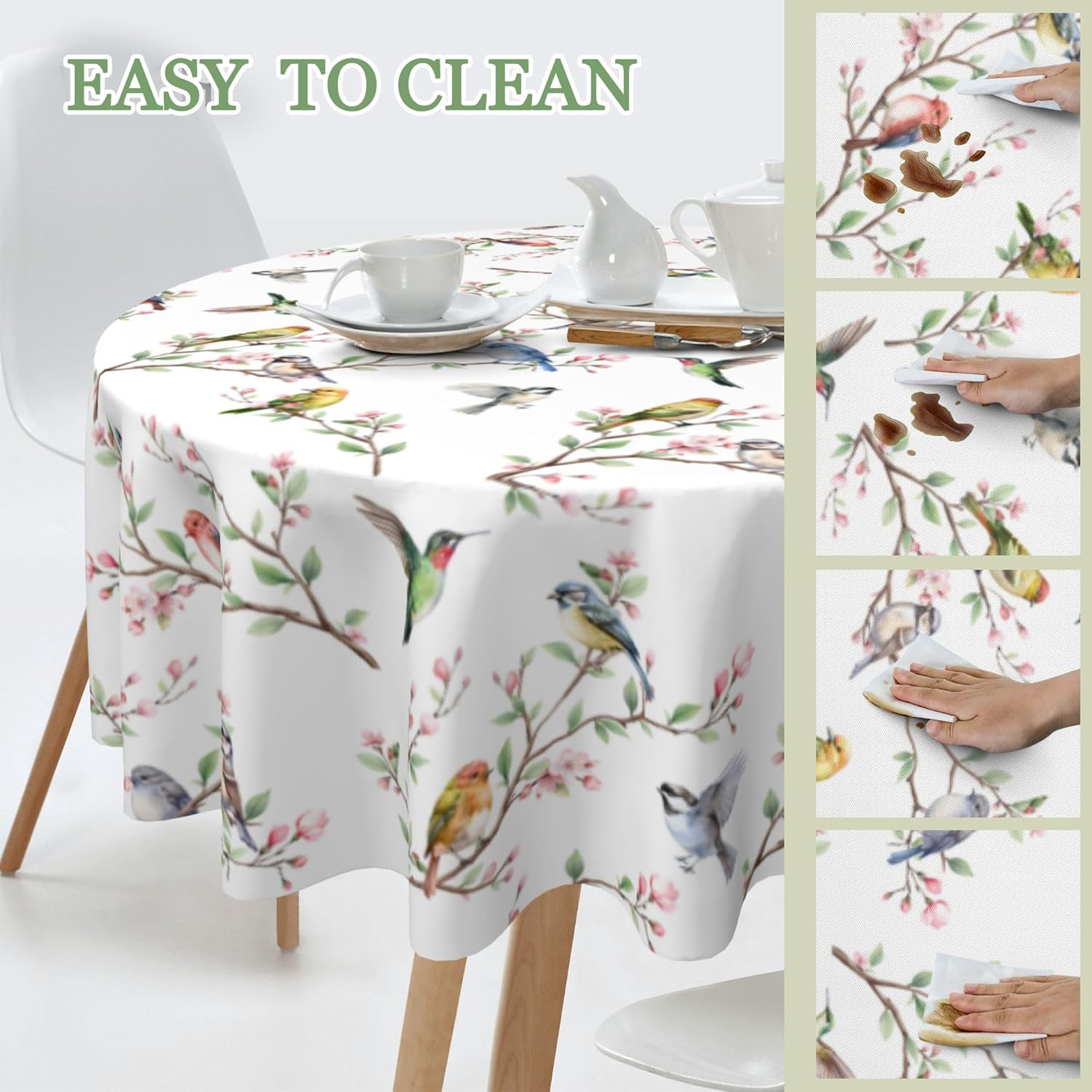 Spring Summer Tablecloth round 60 Inch, Birds Branch Floral Table Cloth Washable
