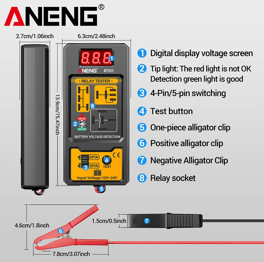 Probador universal de relés para automóvil, Probador de voltaje RT01, Batería AR