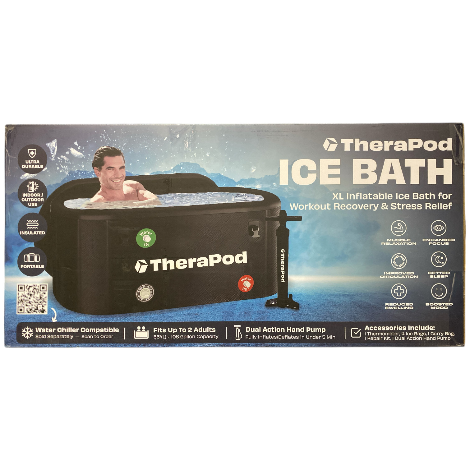 Therapod Portable Inflatable Ice Bath, Temp, Inflator (55"L x 30"W x 24.5"H)