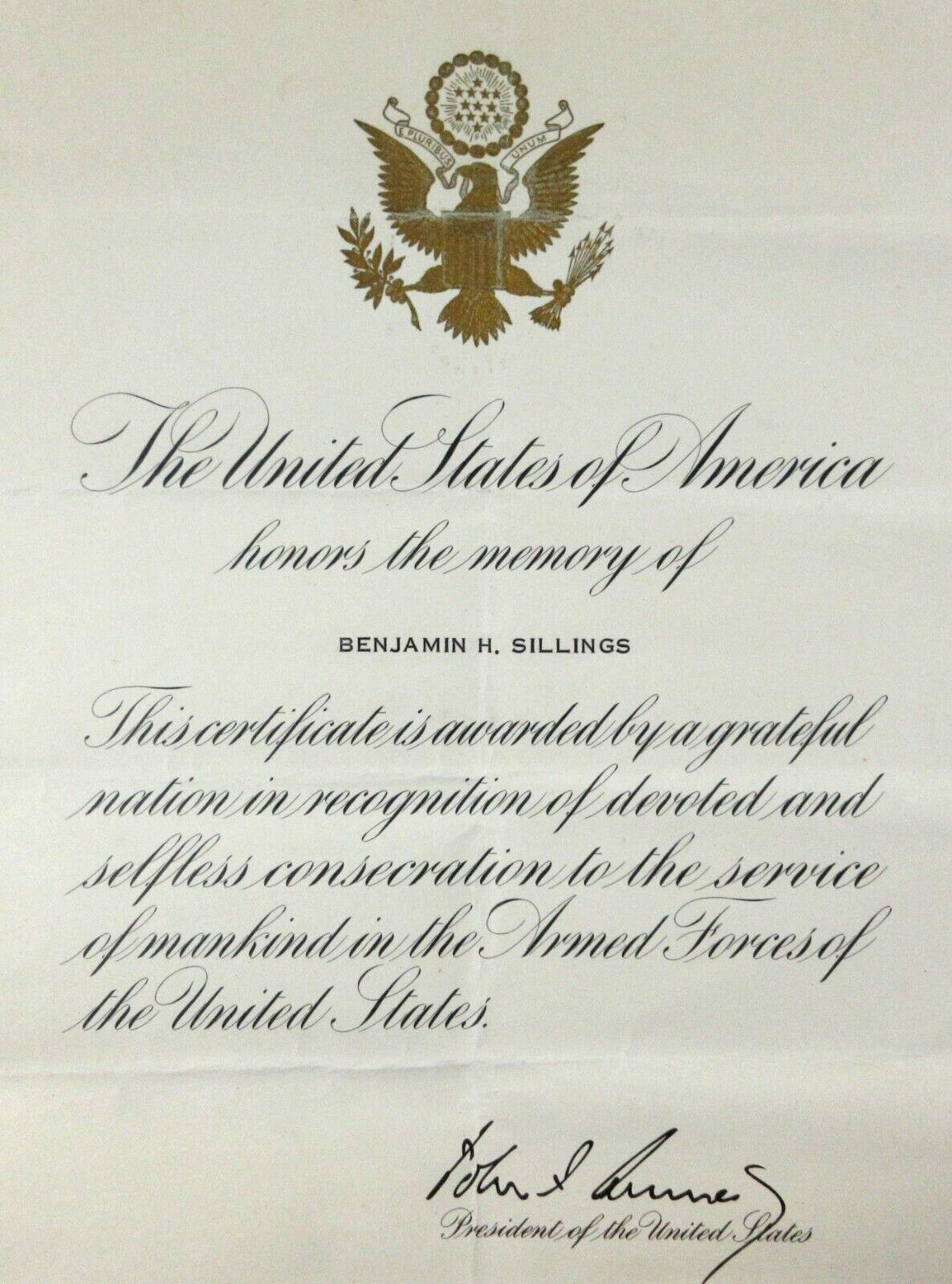 President John F. Kennedy US Navy Memorial Death Certificate Benjamin H Sillings
