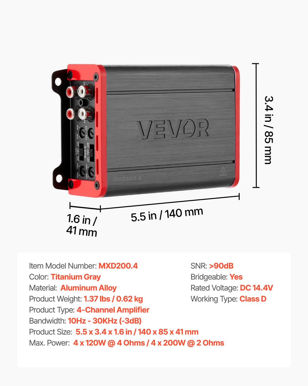 VEVOR Car Audio Amplifier Car Amplifier 4-Channel Class D Max. 4x120W at 4 Ohms