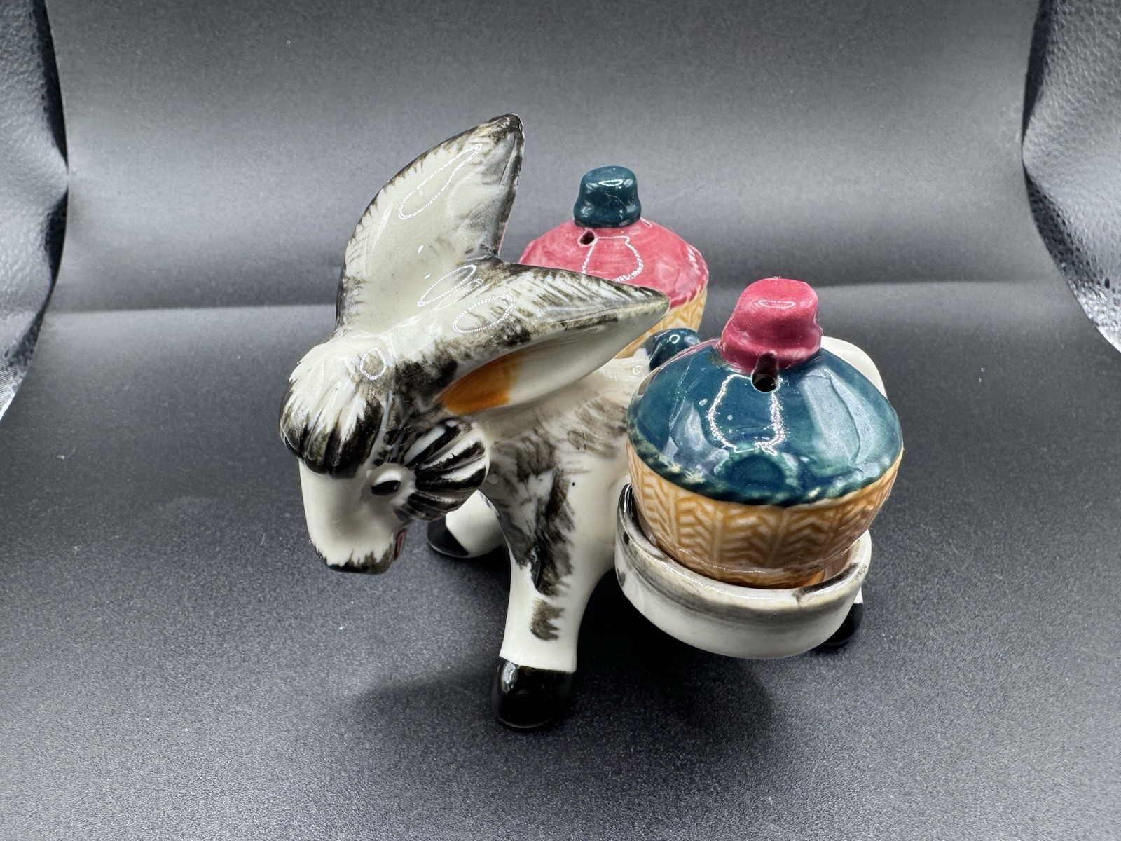 Vintage MCM 1960s Donkey Novelty Ceramic Kitschy Salt Pepper Shakers with Caddy