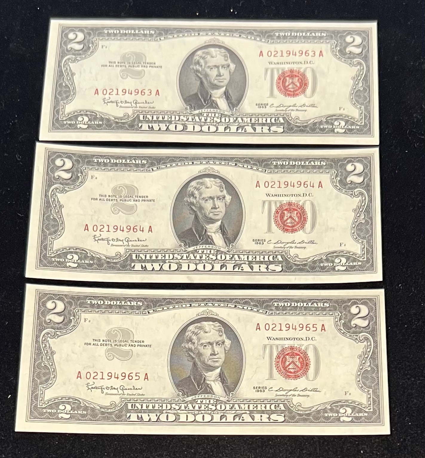 1963 Lot of 3 Consecutive $2 Two Dollar Bill Red Seal Notes!