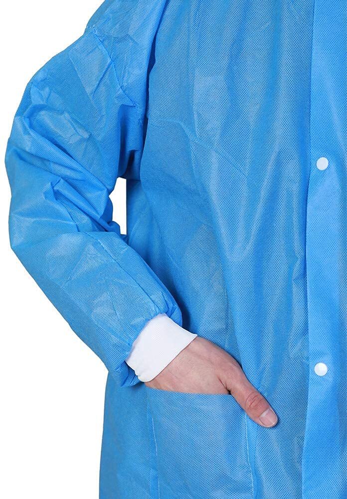 Pack of 10 Disposable Lab Coat Blue SMS with Pockets Adult Knitted Collar Cuffs