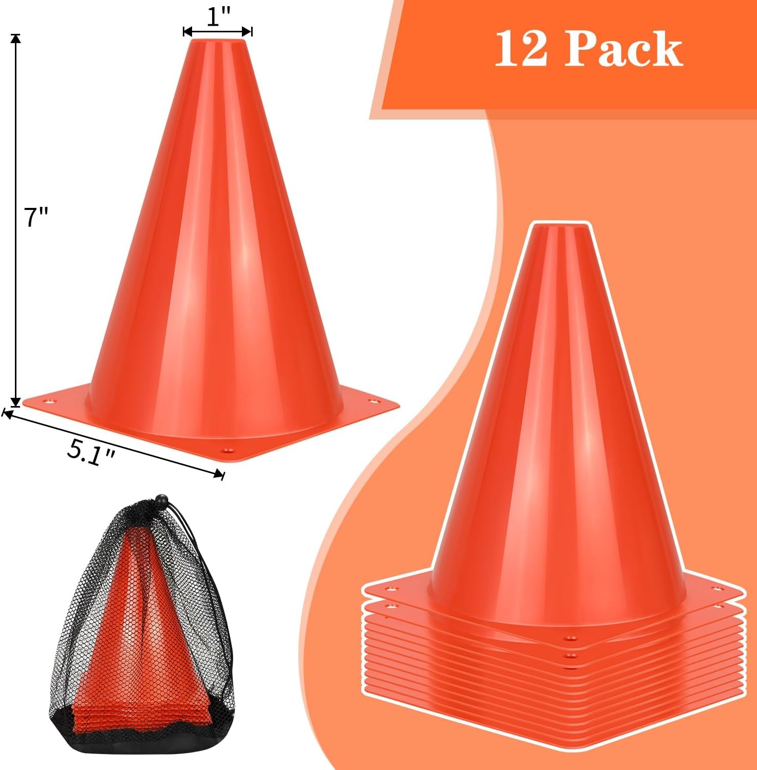 7 Orange Traffic Safety Cones Sign Soccer Football Training Cone Small 12 Pcs